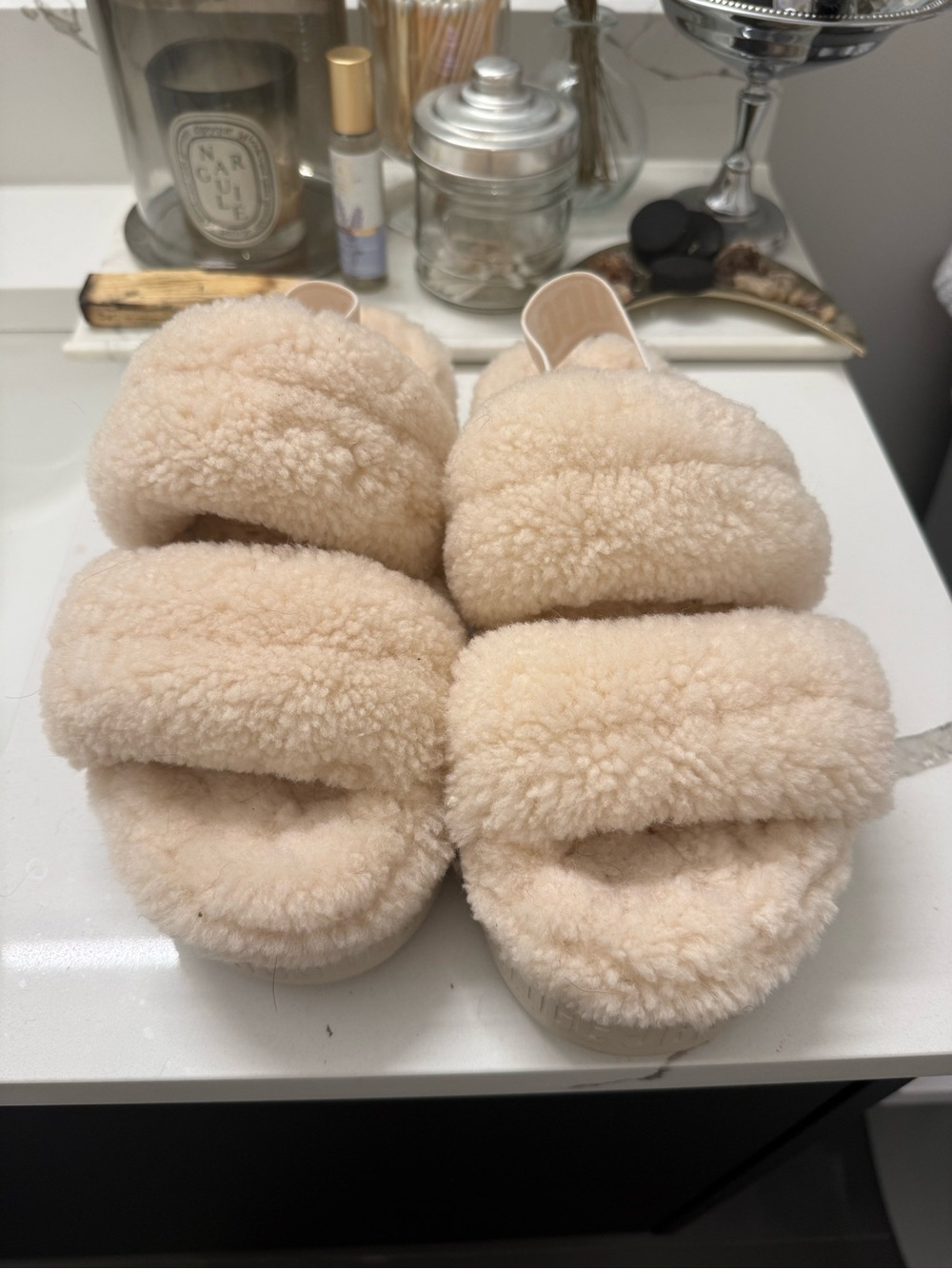 UGG Cream Fuzzy Double-Strap Slide Sandals